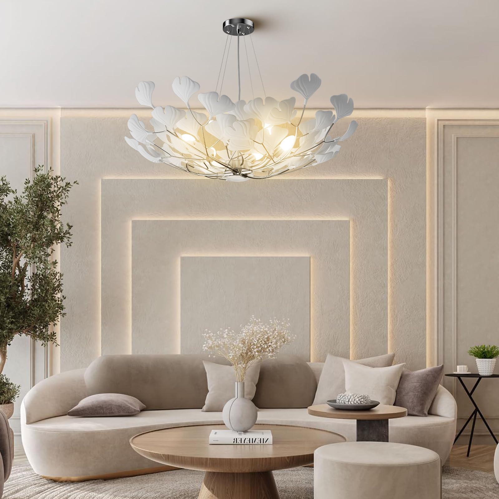 Tree Branch Chandelier White Ceramic Ginkgo Leaf Chandeliers, 6 - Light L47.2 in Rectangle Height Adjustable Chandelier for Dining Room Lighting Fixtures Hanging, Living Room, Bedroom, Gold - Camilalamps - B0FC6LJKF8