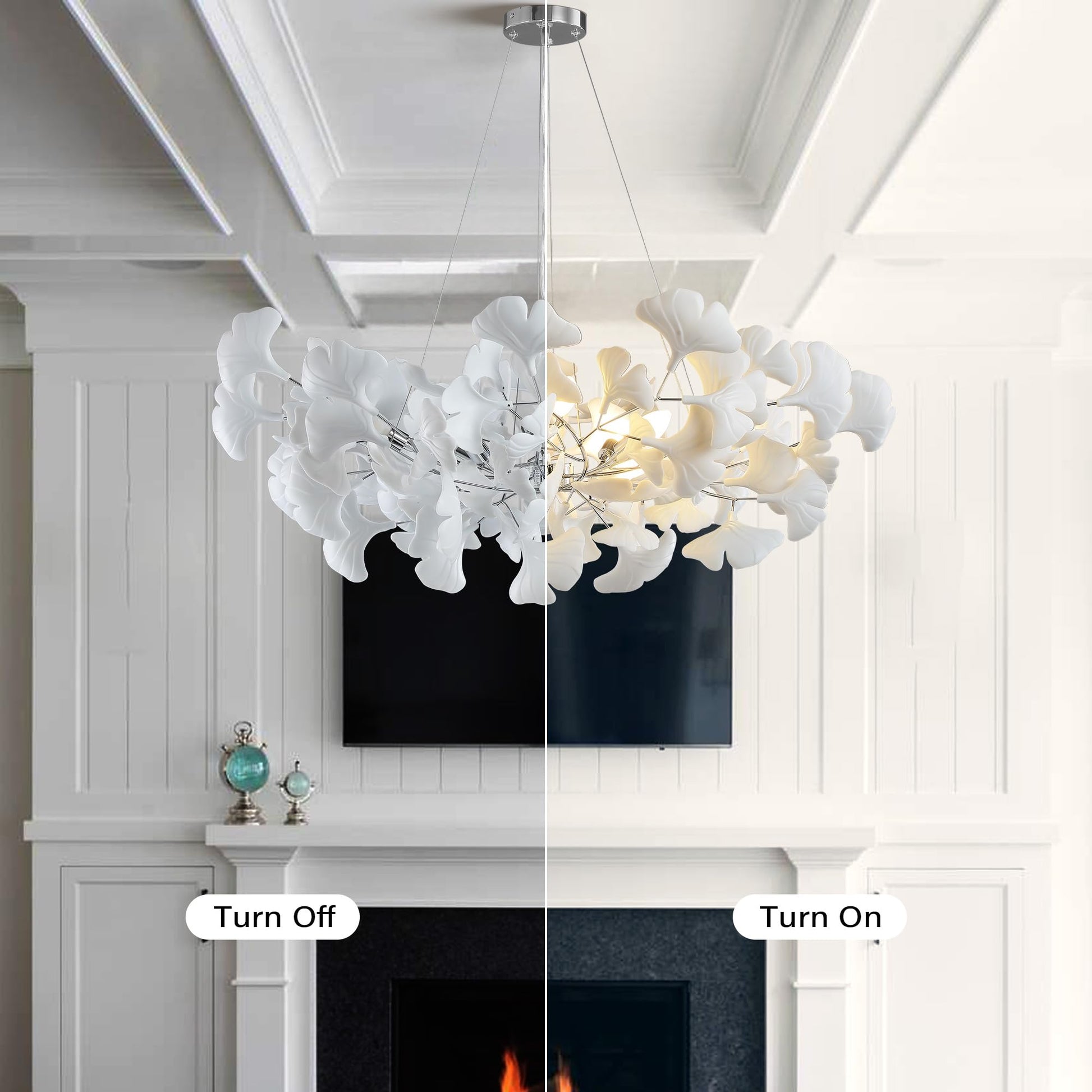 Tree Branch Chandelier White Ceramic Ginkgo Leaf Chandeliers, 6 - Light L47.2 in Rectangle Height Adjustable Chandelier for Dining Room Lighting Fixtures Hanging, Living Room, Bedroom, Gold - Camilalamps - B0FC6L5HCY