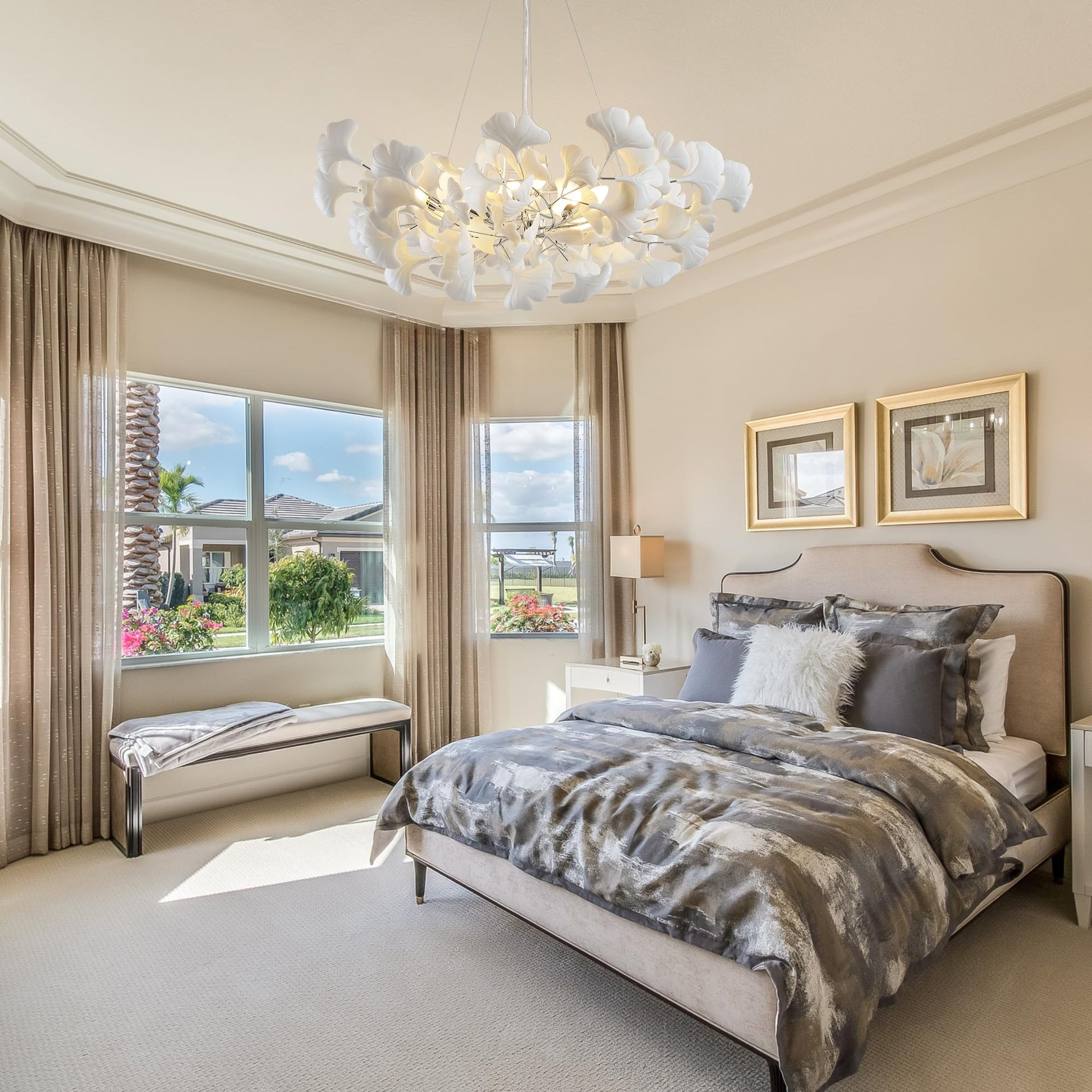 Tree Branch Chandelier White Ceramic Ginkgo Leaf Chandeliers, 6 - Light L47.2 in Rectangle Height Adjustable Chandelier for Dining Room Lighting Fixtures Hanging, Living Room, Bedroom, Gold - Camilalamps - B0FC6L5HCY