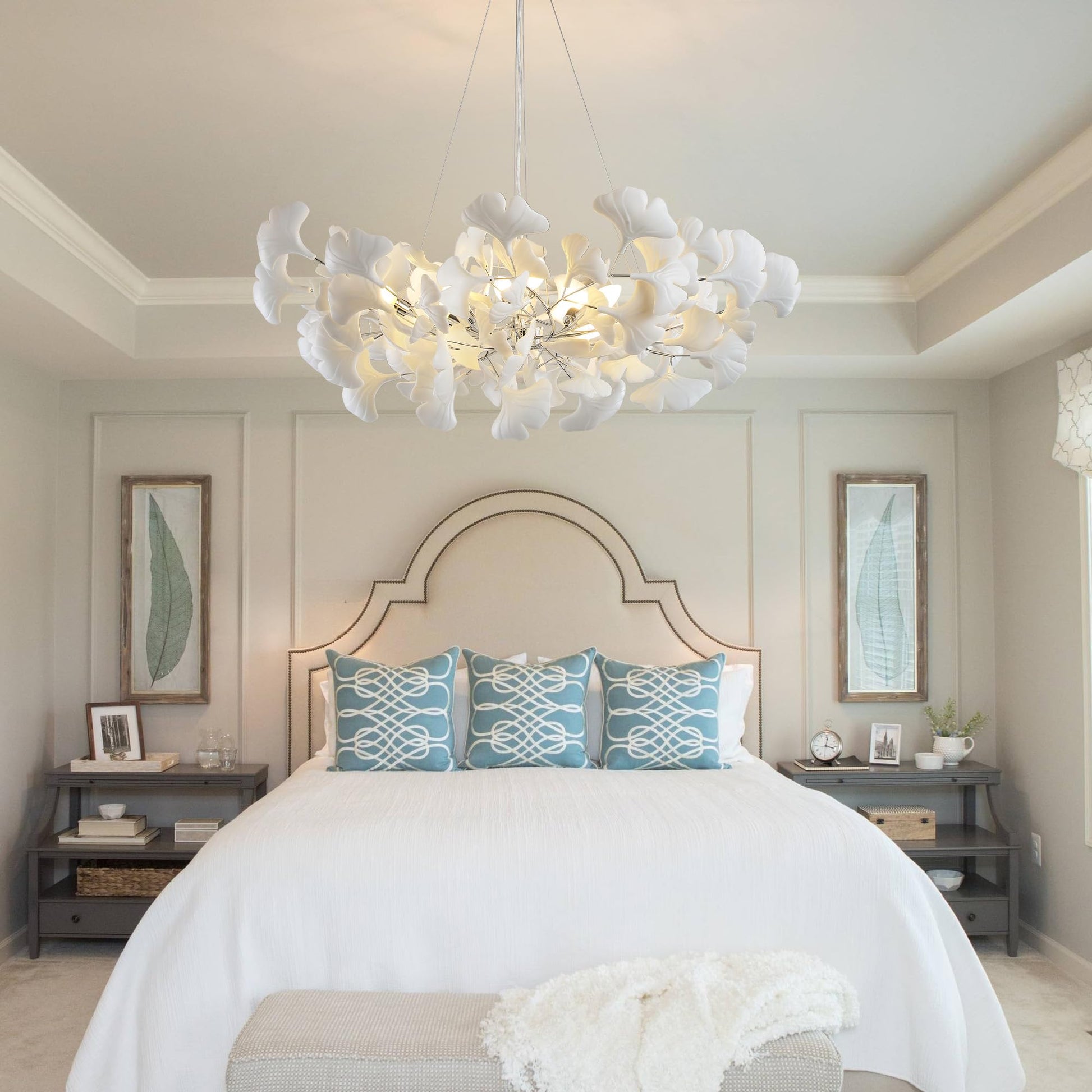 Tree Branch Chandelier White Ceramic Ginkgo Leaf Chandeliers, 6 - Light L47.2 in Rectangle Height Adjustable Chandelier for Dining Room Lighting Fixtures Hanging, Living Room, Bedroom, Gold - Camilalamps - B0FC6L5HCY