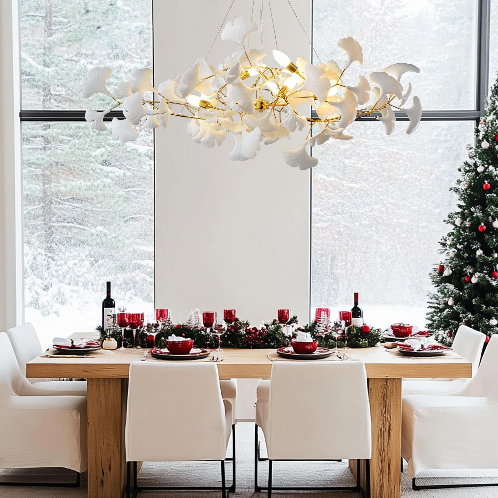 Tree Branch Chandelier White Ceramic Ginkgo Leaf Chandeliers, 6 - Light L47.2 in Rectangle Height Adjustable Chandelier for Dining Room Lighting Fixtures Hanging, Living Room, Bedroom, Gold - Camilalamps - B0FC6L5HCY