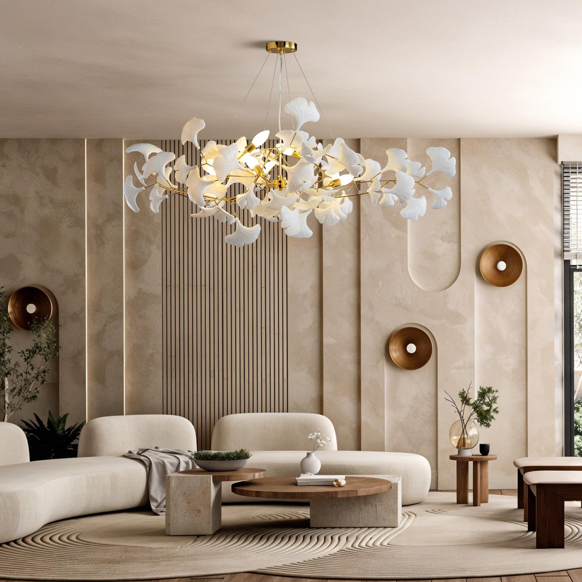 Tree Branch Chandelier White Ceramic Ginkgo Leaf Chandeliers, 6 - Light L47.2 in Rectangle Height Adjustable Chandelier for Dining Room Lighting Fixtures Hanging, Living Room, Bedroom, Gold - Camilalamps - B0FC6L5HCY