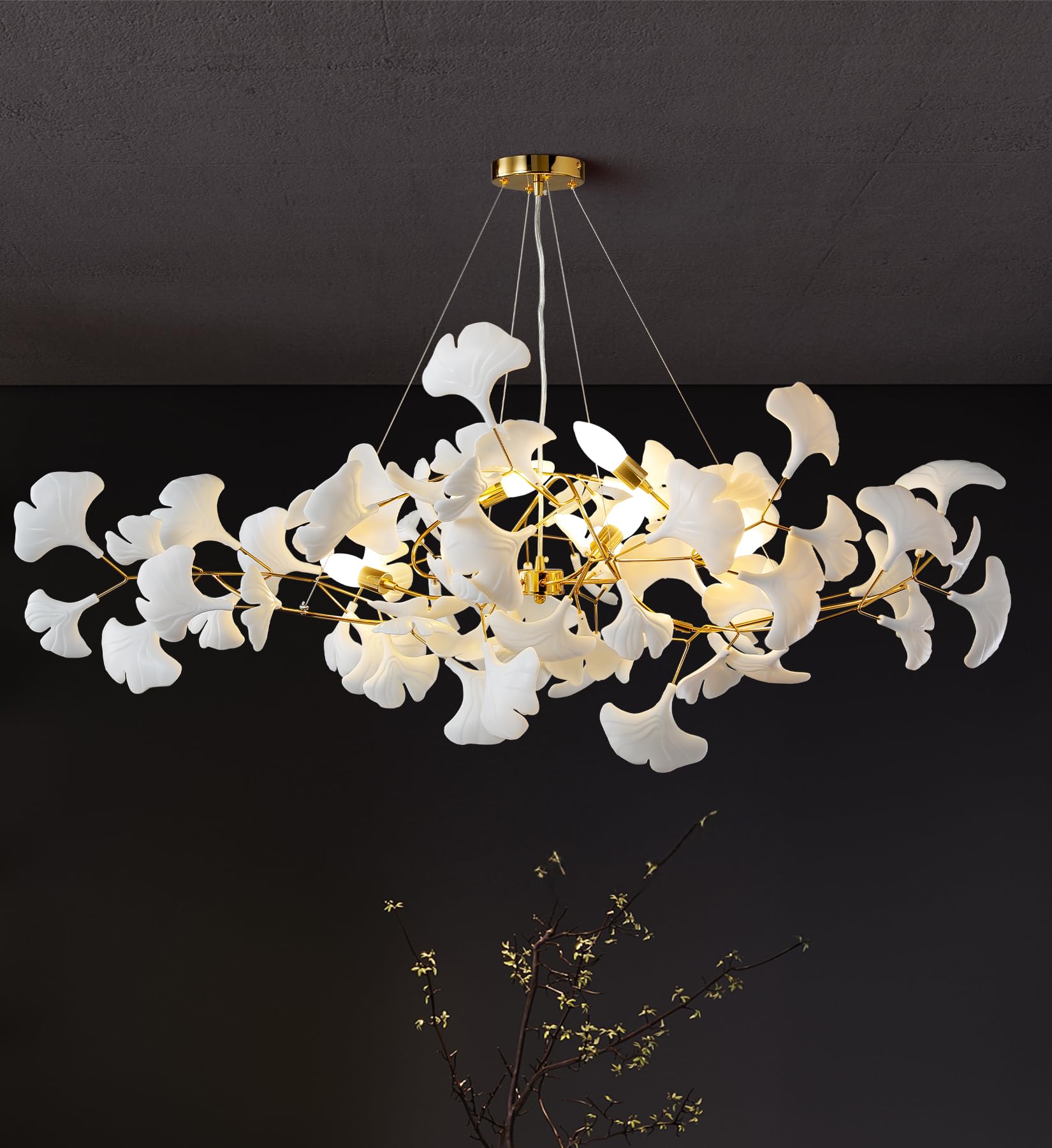 Tree Branch Chandelier White Ceramic Ginkgo Leaf Chandeliers, 6 - Light L47.2 in Rectangle Height Adjustable Chandelier for Dining Room Lighting Fixtures Hanging, Living Room, Bedroom, Gold - Camilalamps - B0FC6L5HCY