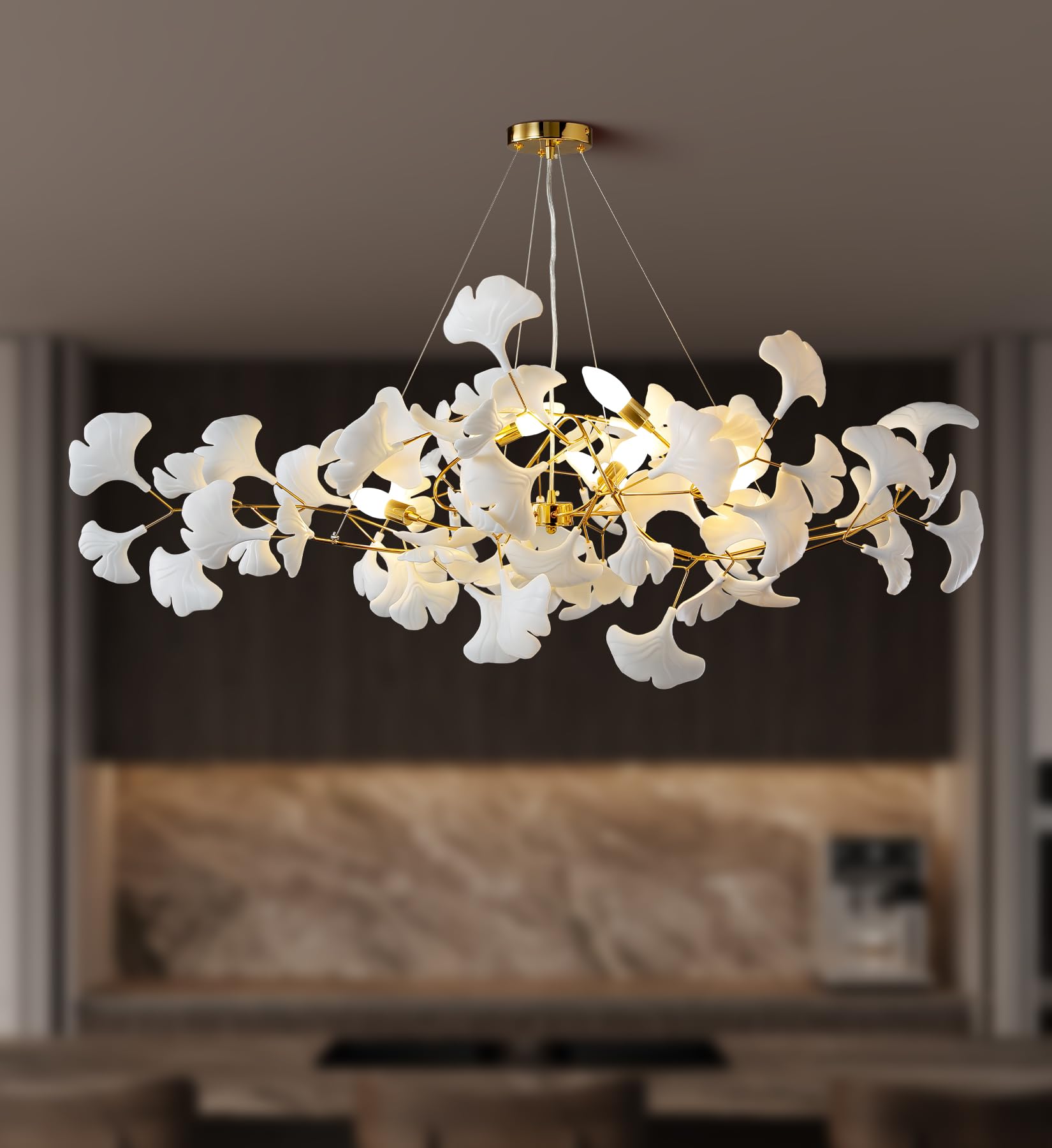 Tree Branch Chandelier White Ceramic Ginkgo Leaf Chandeliers, 6 - Light L47.2 in Rectangle Height Adjustable Chandelier for Dining Room Lighting Fixtures Hanging, Living Room, Bedroom, Gold - Camilalamps - B0FC6L5HCY