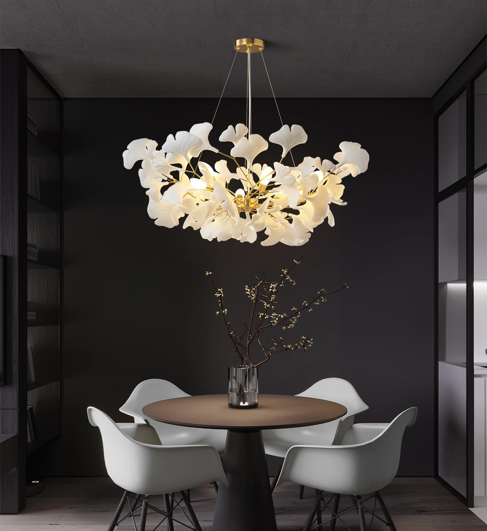 Tree Branch Chandelier White Ceramic Ginkgo Leaf Chandeliers, 6 - Light L47.2 in Rectangle Height Adjustable Chandelier for Dining Room Lighting Fixtures Hanging, Living Room, Bedroom, Gold - Camilalamps - B0FC6L5HCY
