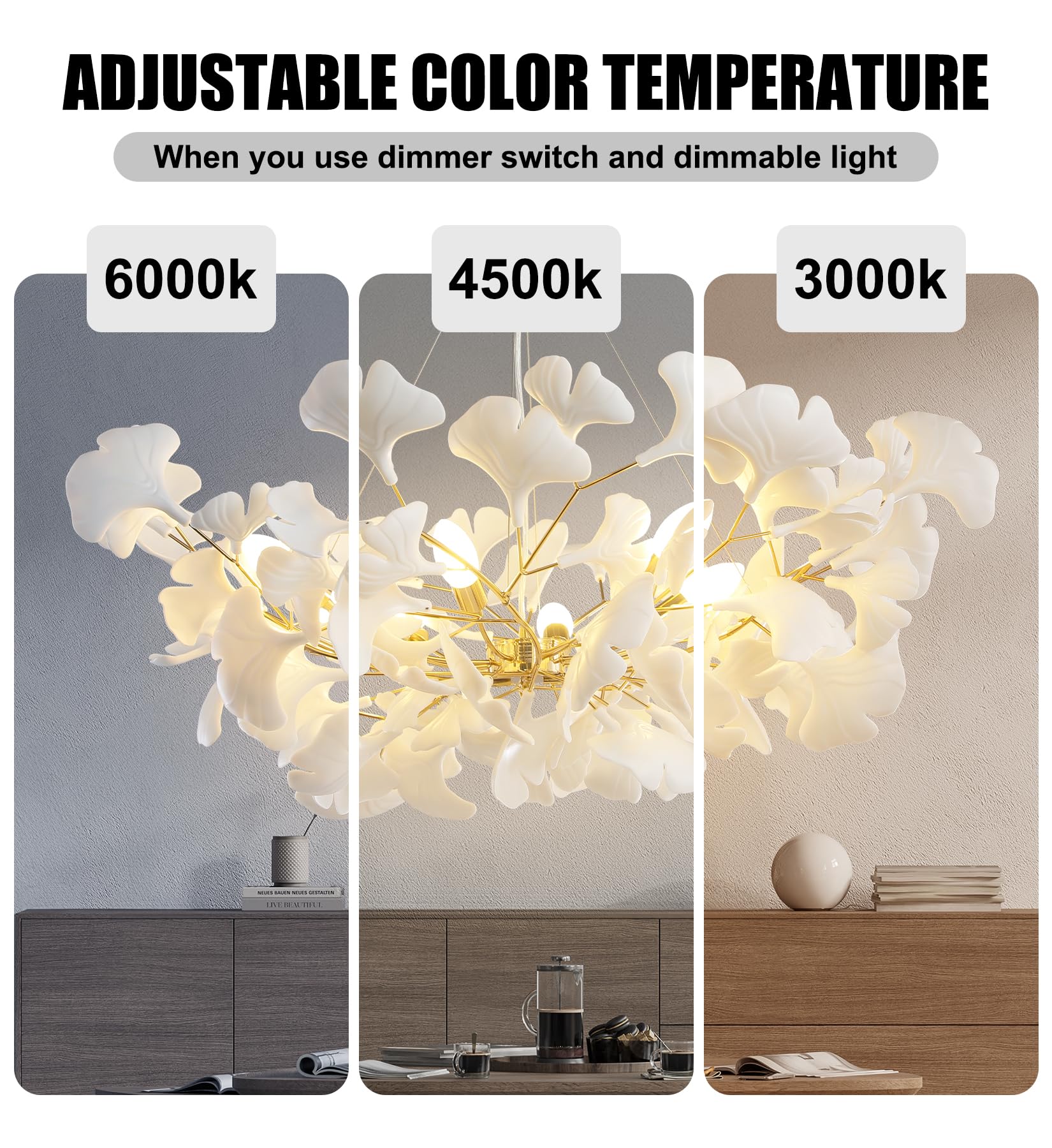 Tree Branch Chandelier White Ceramic Ginkgo Leaf Chandeliers, 6 - Light L47.2 in Rectangle Height Adjustable Chandelier for Dining Room Lighting Fixtures Hanging, Living Room, Bedroom, Gold - Camilalamps - B0FC6L5HCY