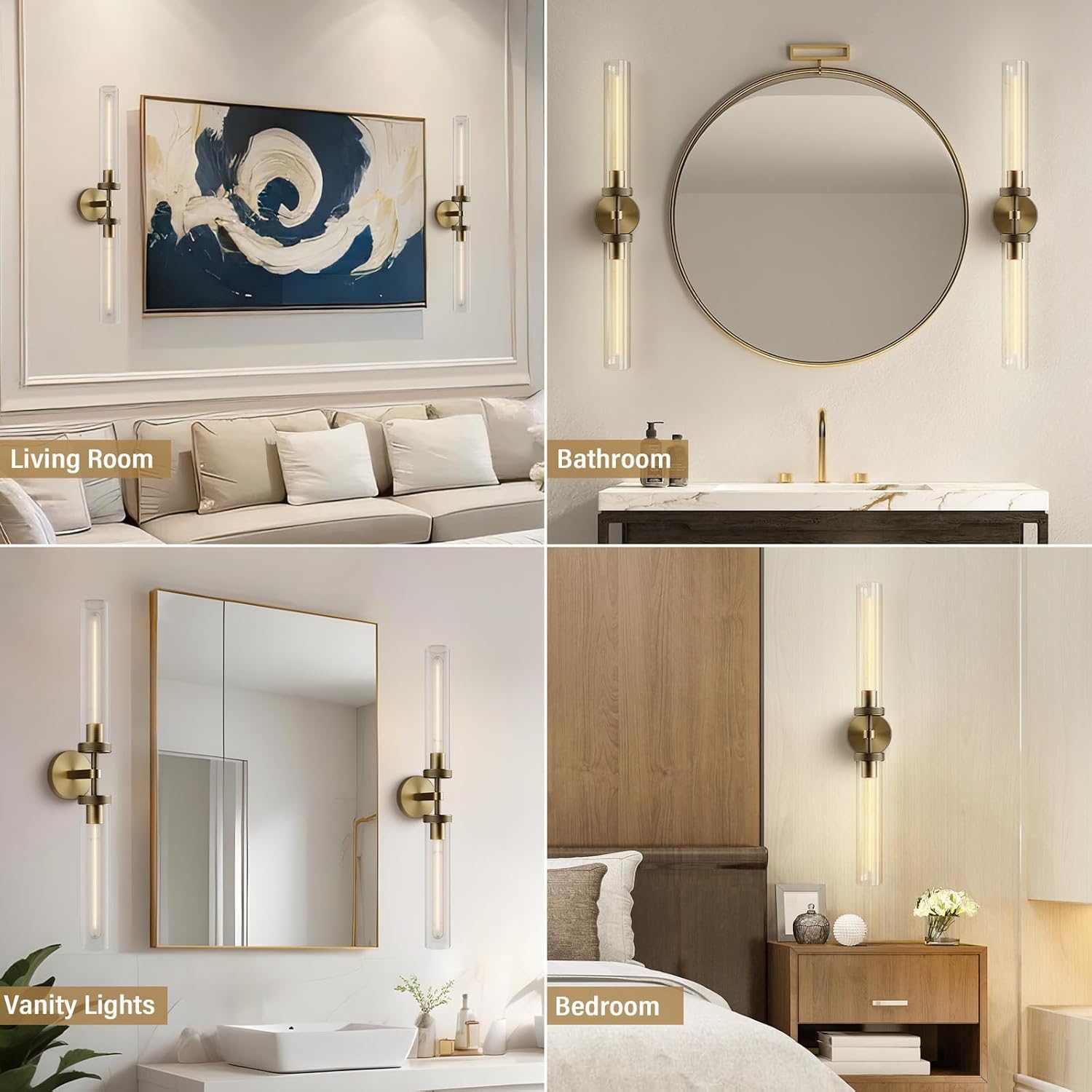 Wall Sconces Set of 2, Brass and Gold Wall Lighting Fixtures with Clear Glass, Mounted Lamps for Bedroom, Bathroom, Living Room, Hallway - Camilalamps - B0FCCFF3YG