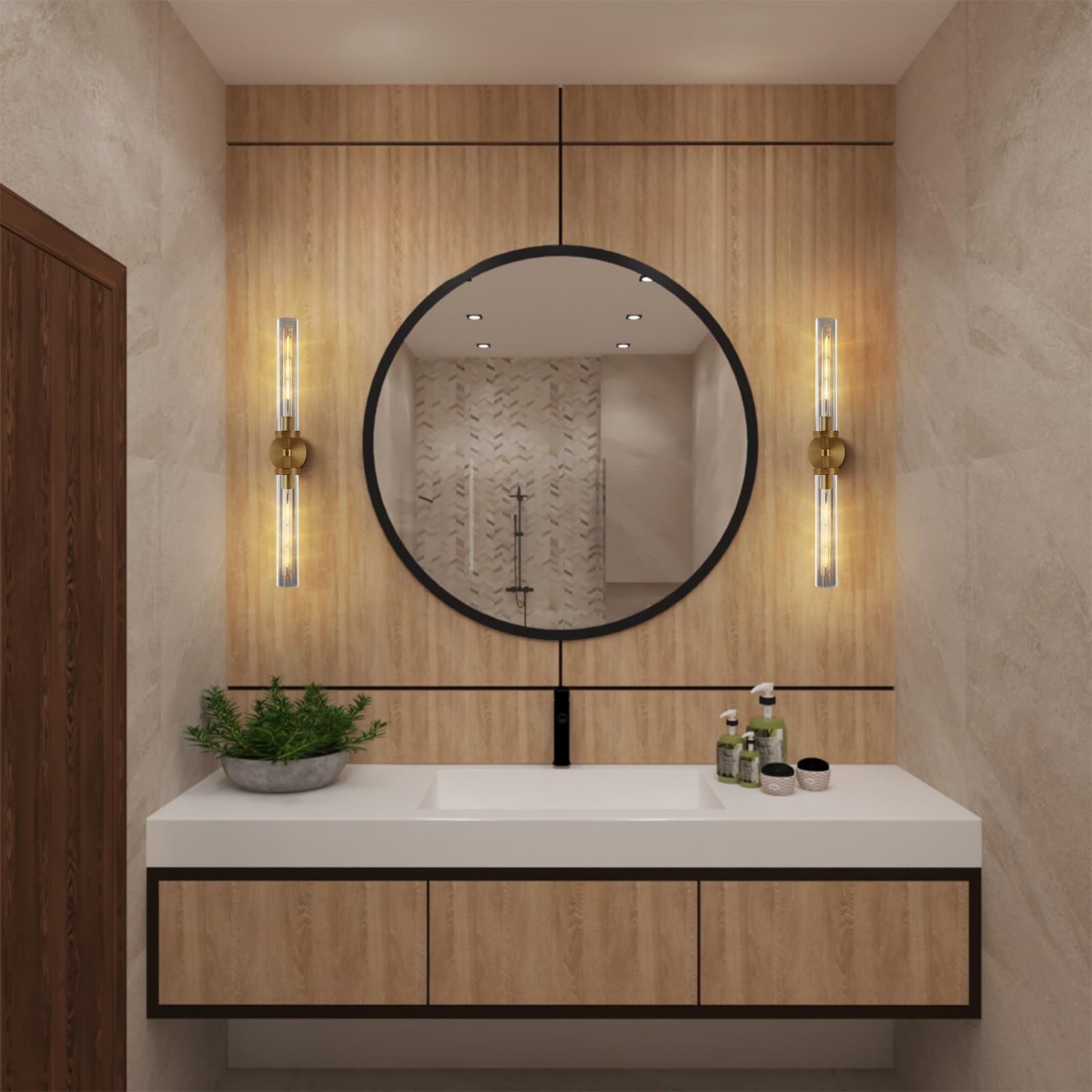 Wall Sconces Set of 2, Brass and Gold Wall Lighting Fixtures with Clear Glass, Mounted Lamps for Bedroom, Bathroom, Living Room, Hallway - Camilalamps - B0FCCFF3YG