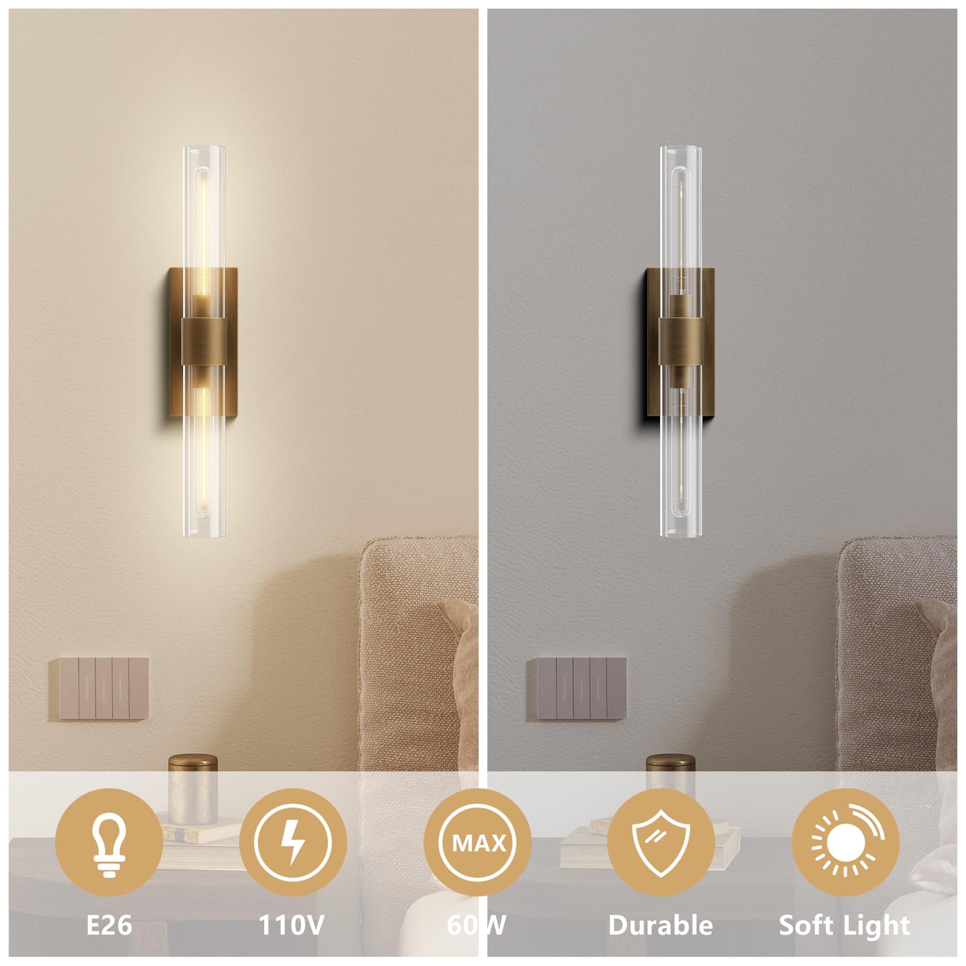Wall Sconces Set of 2, Brass and Gold Wall Lighting Fixtures with Clear Glass, Mounted Lamps for Bedroom, Bathroom, Living Room, Hallway - Camilalamps - B0FCCFF3YG