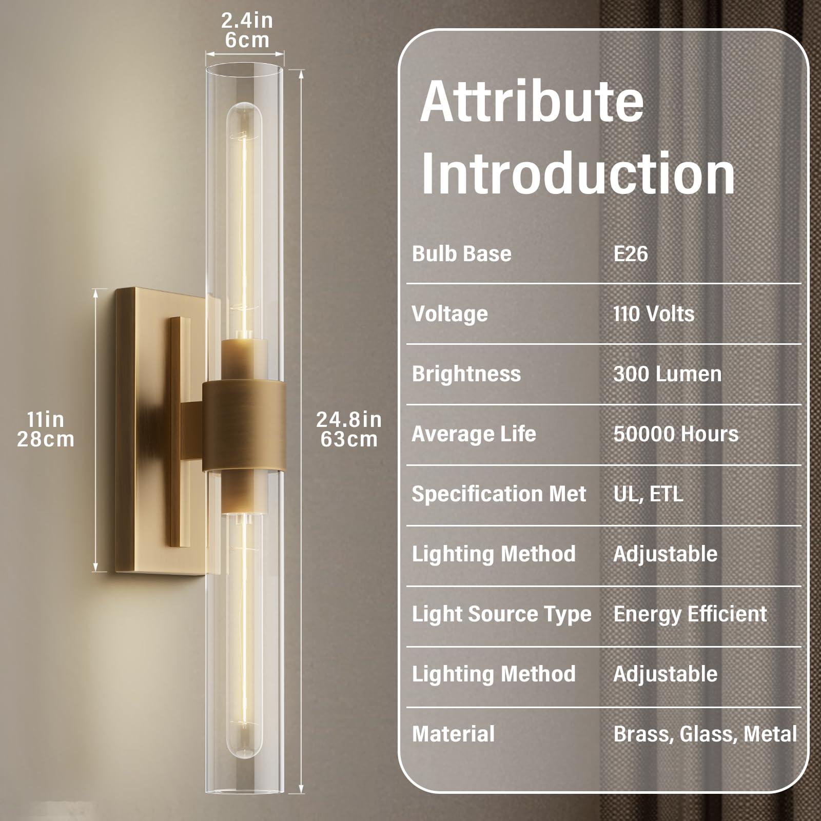 Wall Sconces Set of 2, Brass and Gold Wall Lighting Fixtures with Clear Glass, Mounted Lamps for Bedroom, Bathroom, Living Room, Hallway - Camilalamps - B0FCCFF3YG