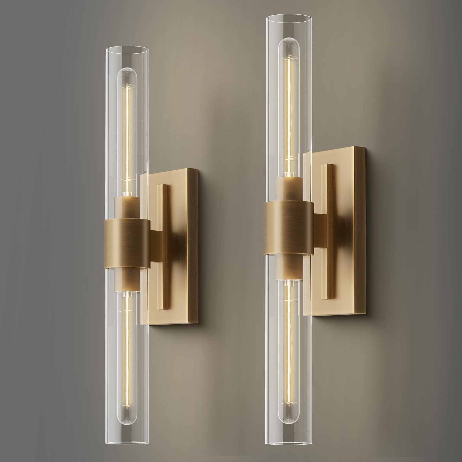 Wall Sconces Set of 2, Brass and Gold Wall Lighting Fixtures with Clear Glass, Mounted Lamps for Bedroom, Bathroom, Living Room, Hallway - Camilalamps - B0DK5HQMFN