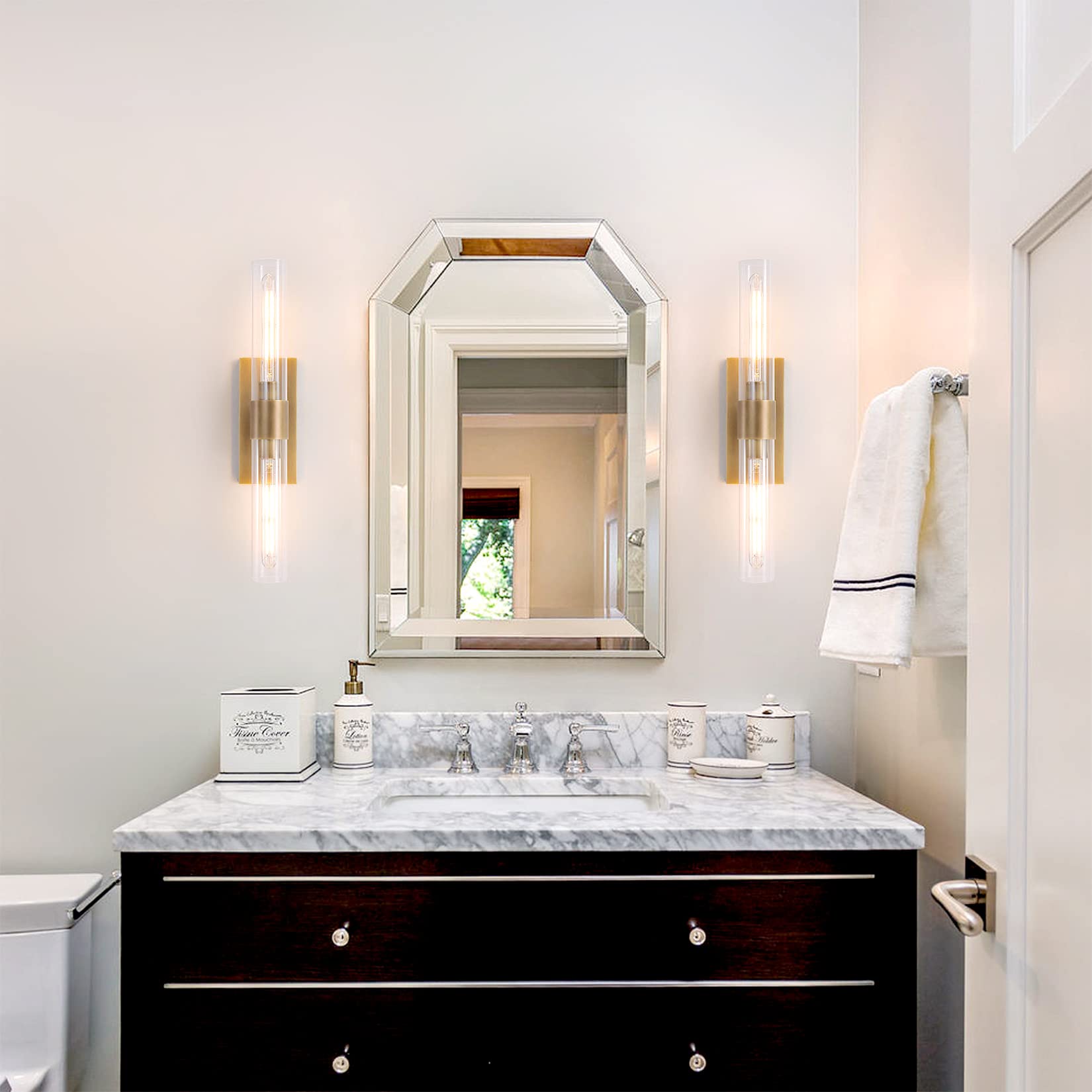 Wall Sconces Set of 2, Brass and Gold Wall Lighting Fixtures with Clear Glass, Mounted Lamps for Bedroom, Bathroom, Living Room, Hallway - Camilalamps - B0FCCFF3YG