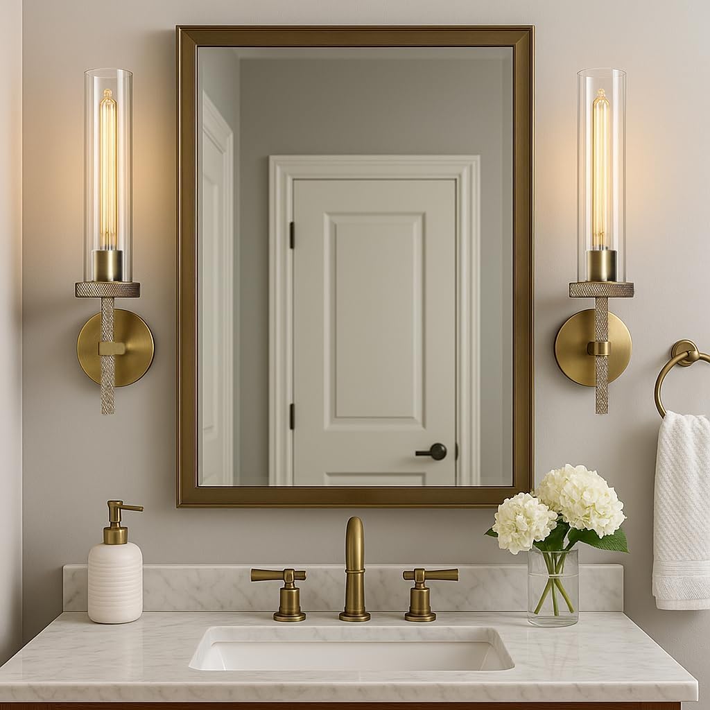 Wall Sconces Set of 2, Brass and Gold Wall Lighting Fixtures with Clear Glass, Mounted Lamps for Bedroom, Bathroom, Living Room, Hallway - Camilalamps - B0FCCFF3YG
