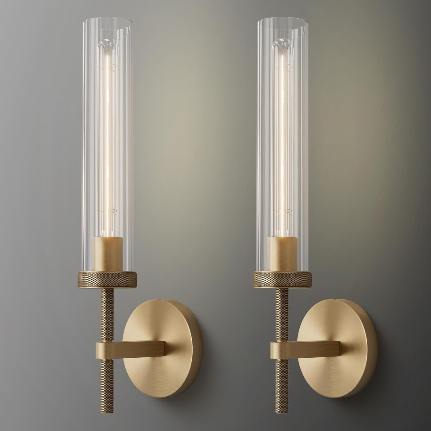 Wall Sconces Set of 2, Brass and Gold Wall Lighting Fixtures with Clear Glass, Mounted Lamps for Bedroom, Bathroom, Living Room, Hallway - Camilalamps - B0FCCFF3YG