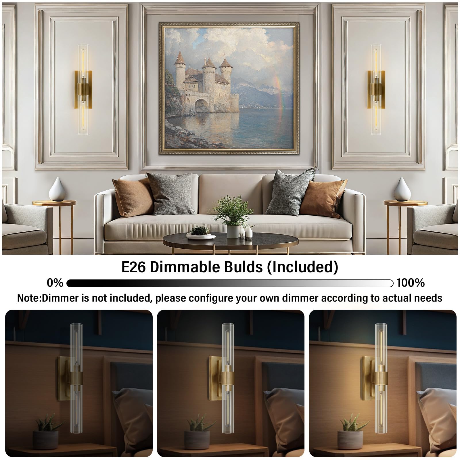 Wall Sconces Set of Two, Brass Wall Lights for Bathroom Vanity, 22.8" Gold Sconces 2 - Light, Indoor Brass Wall Sconces for Bathroom Mirror, Vanity, Bedroom, Living Room - Camilalamps - B0CJBZDVJD