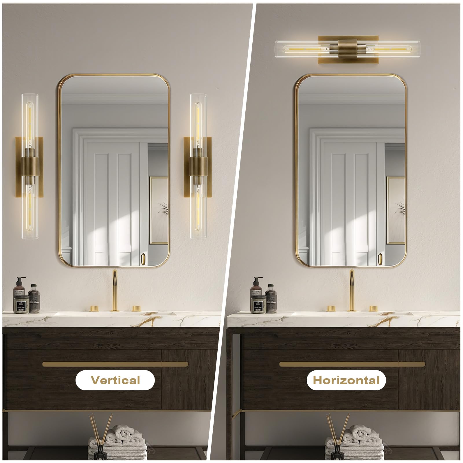 Wall Sconces Set of Two, Brass Wall Lights for Bathroom Vanity, 22.8" Gold Sconces 2 - Light, Indoor Brass Wall Sconces for Bathroom Mirror, Vanity, Bedroom, Living Room - Camilalamps - B0CJBZDVJD